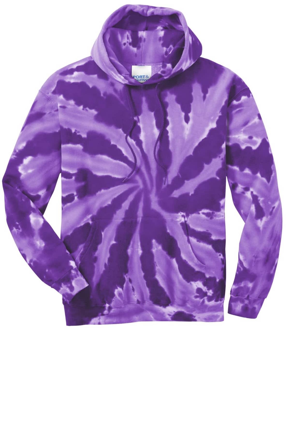 Purple tie-dye hoodie with a spiral pattern on a white background.