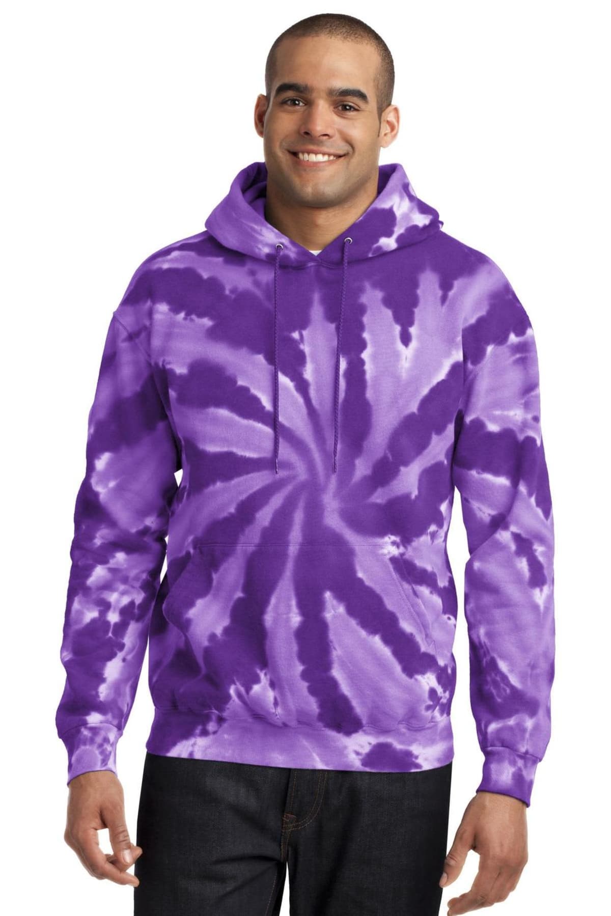 Smiling person wearing a purple tie-dye hoodie and jeans.