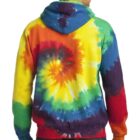 Person wearing a vibrant tie-dye hoodie with spiral pattern, viewed from the back.