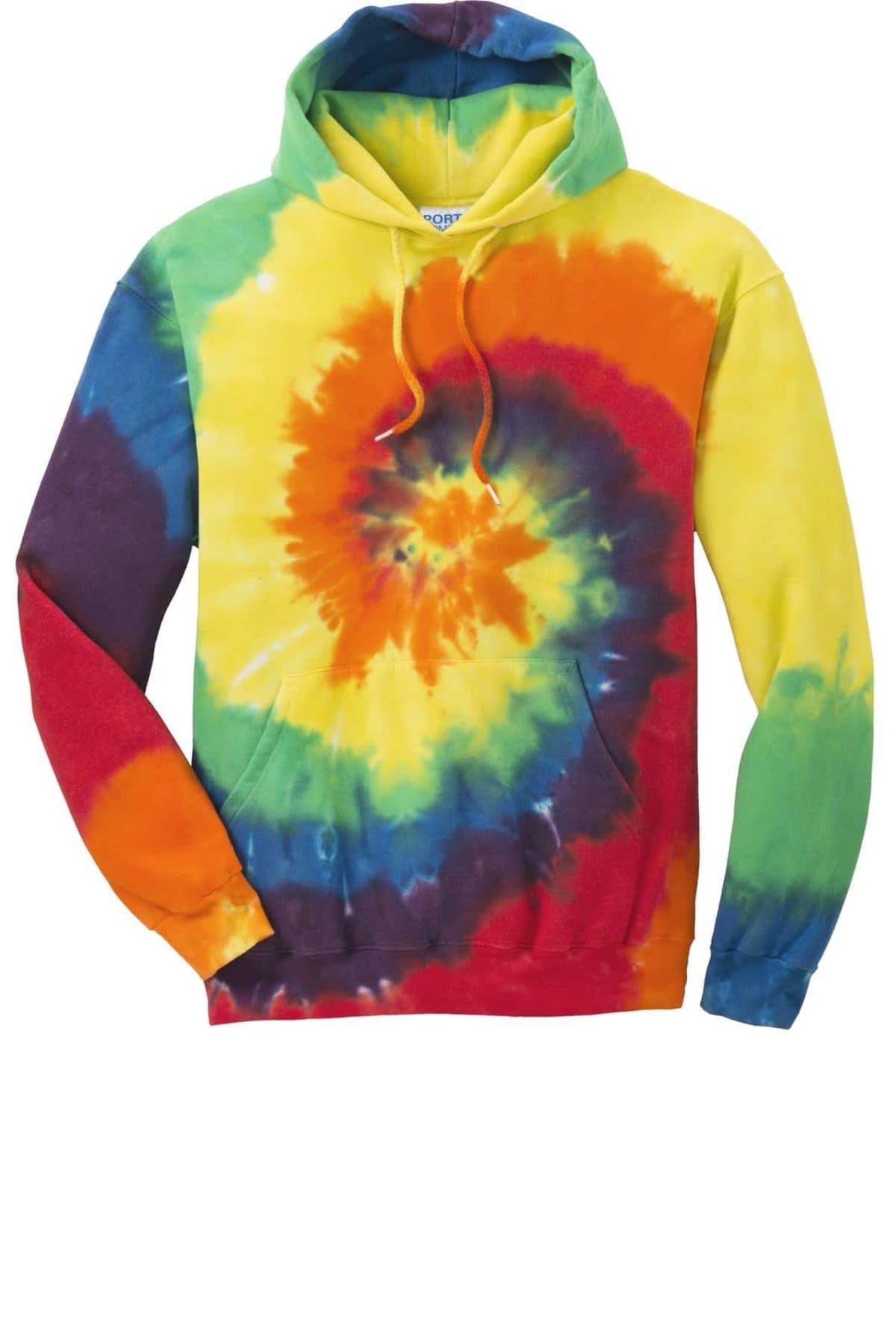 Tie-dye hoodie with rainbow spiral pattern.