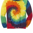Back view of a tie-dye hoodie with vibrant spiral rainbow colors.