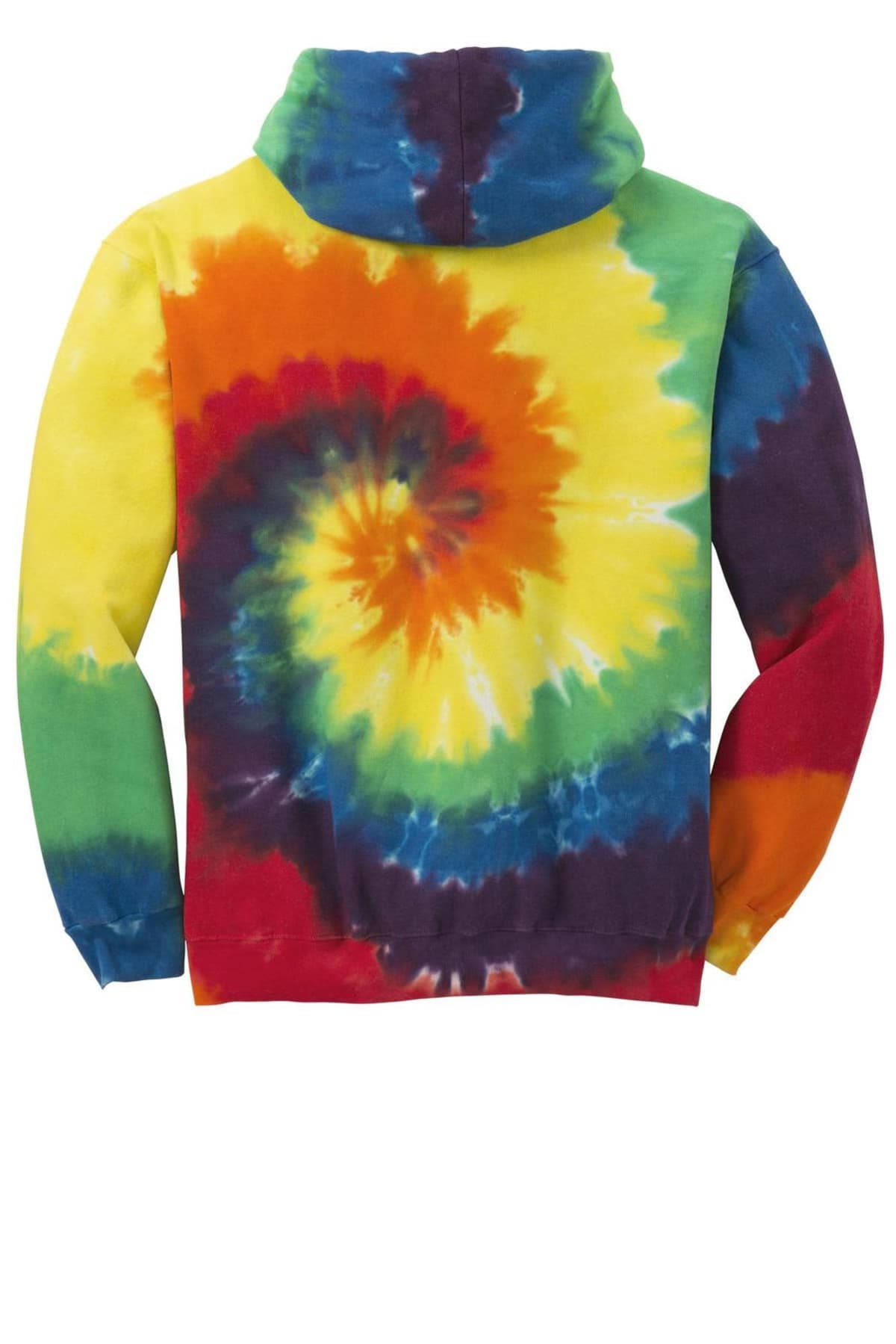 Back view of a tie-dye hoodie with vibrant spiral rainbow colors.