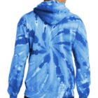 Person wearing a blue tie-dye hoodie, shown from the back.