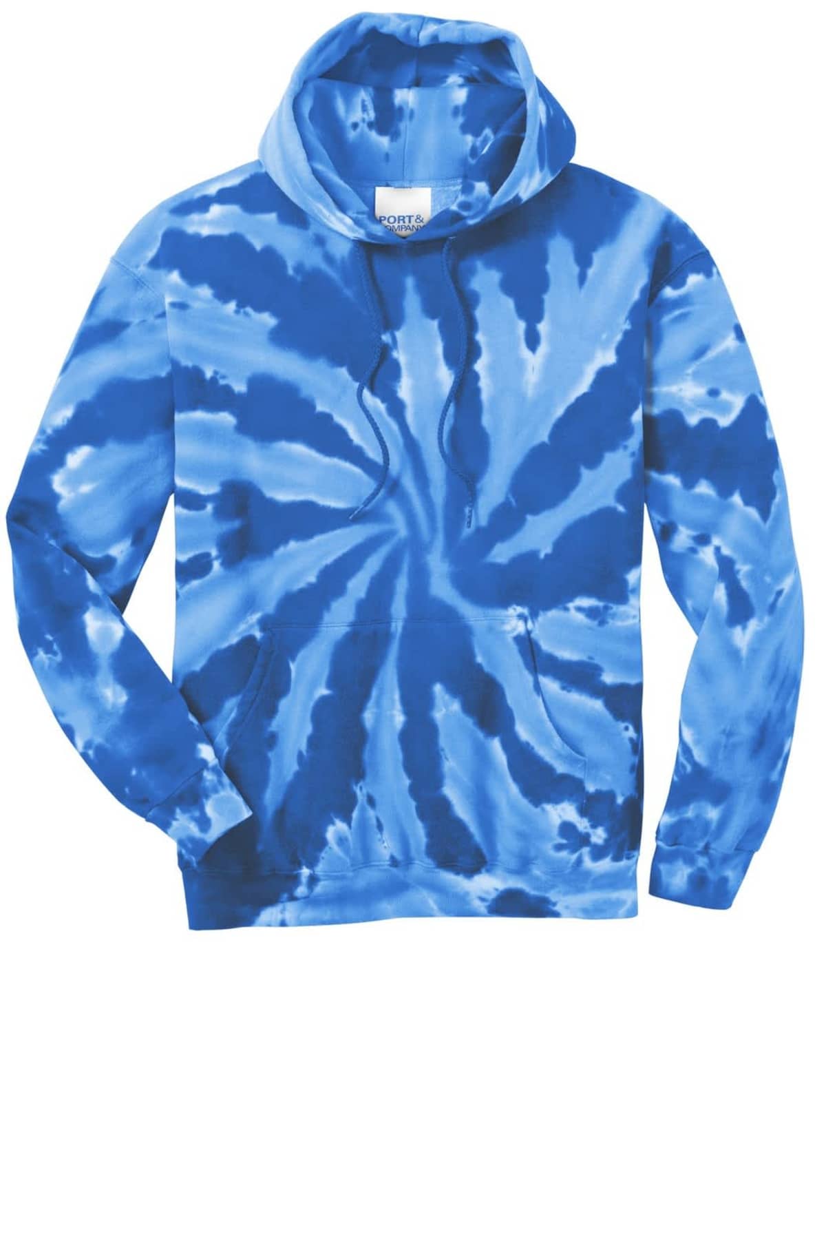 Blue and white tie-dye hoodie with a spiral pattern and drawstrings.