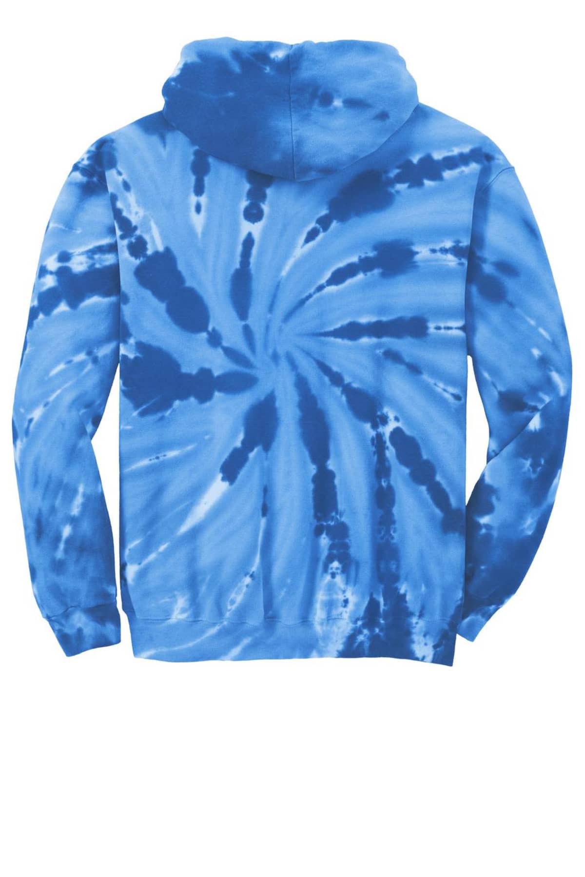 Blue tie-dye hoodie with a spiral pattern on the back.