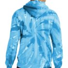 Person wearing a blue tie-dye hoodie, seen from behind.
