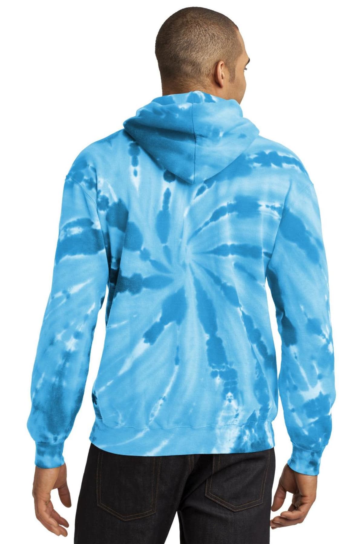 Person wearing a blue tie-dye hoodie, seen from behind.