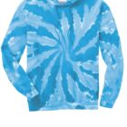 Blue tie-dye hoodie with spiral pattern on a white background.
