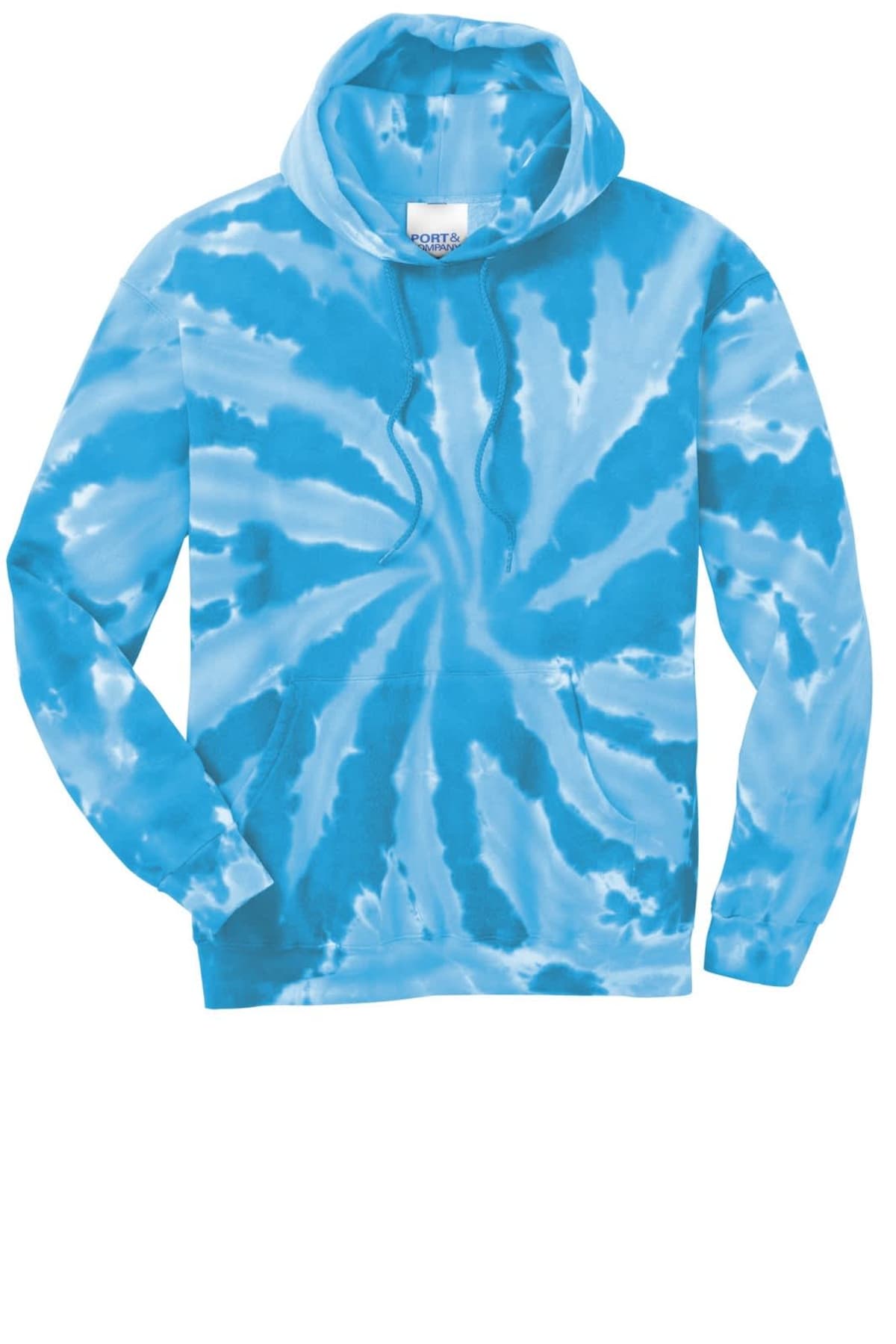 Blue tie-dye hoodie with spiral pattern on a white background.
