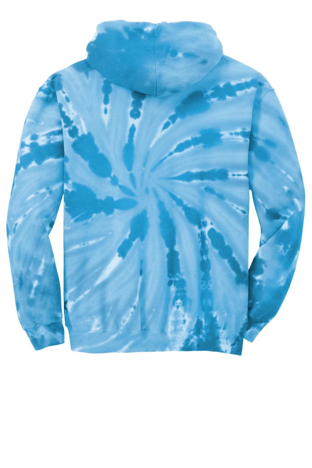 Blue tie-dye hoodie with a spiral pattern on the back.
