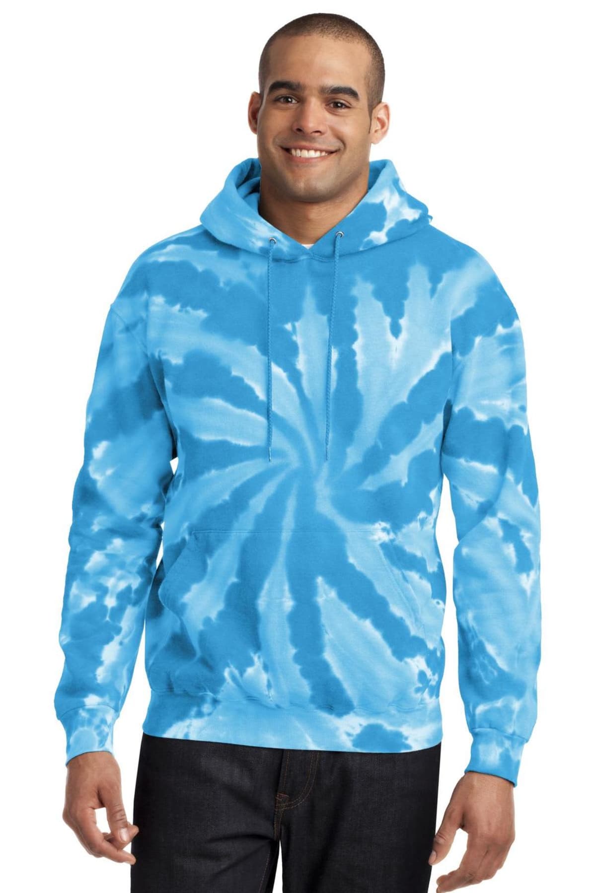 Person wearing a blue and white tie-dye hoodie, smiling.