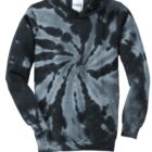 Tie-dye hoodie in dark shades with a spiral pattern.