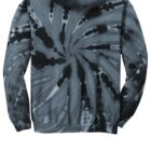 Black and gray tie-dye hoodie with a spiral pattern, seen from the back.