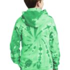 Boy in green tie-dye hoodie and jeans, seen from the back.