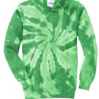 Green tie-dye hoodie with a spiral pattern, featuring a front pocket and hood.