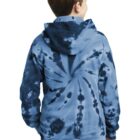 Child wearing a blue tie-dye hoodie and jeans, facing away.
