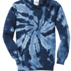 Blue tie-dye hoodie with spiral pattern.