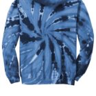 Blue tie-dye hoodie with swirl pattern on the back.