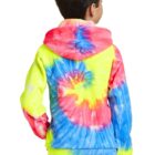 Child wearing a colorful tie-dye hoodie, looking away.