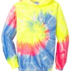 Tie-dye hoodie with vibrant yellow, blue, and red spiral patterns.