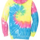Colorful tie-dye hoodie featuring pink, blue, and yellow swirls.