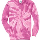 Pink tie-dye hoodie with a spiral pattern and front pocket.