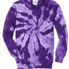 Purple tie-dye hoodie with white spiral pattern.