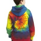 Child wearing a colorful tie-dye hoodie, facing away.