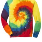 Tie-dye hoodie with vibrant spiral pattern in red, yellow, green, blue, and orange.
