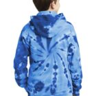 Boy wearing a blue tie-dye hoodie, standing with back turned.