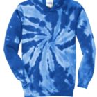 Blue tie-dye hoodie with spiral pattern.