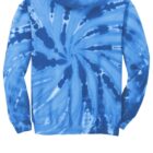 Blue tie-dye hoodie with a swirling pattern on the back.