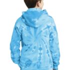 Boy in blue tie-dye hoodie and jeans, facing away.