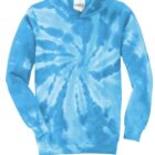 Blue tie-dye hoodie with a spiral pattern on a plain background.