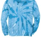 Blue tie-dye hoodie with spiral pattern on the back.