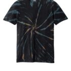 Black tie-dye T-shirt with starburst pattern in tan and blue.