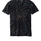 Black tie-dye T-shirt with blue and brown spiral pattern, back view.