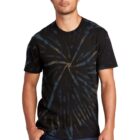 Person in a black tie-dye T-shirt and jeans against a white background.