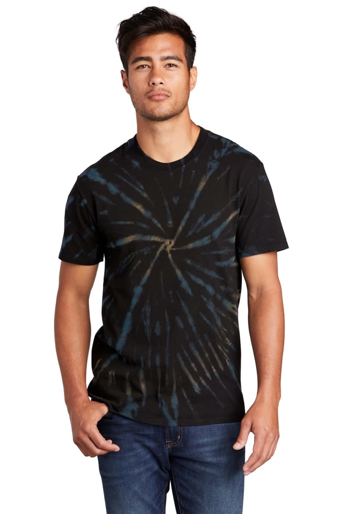 Person in a black tie-dye T-shirt and jeans against a white background.
