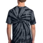 Person wearing a black tie-dye shirt with a spiral pattern, seen from the back.