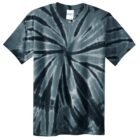 Dark gray tie-dye T-shirt with a spiral pattern.