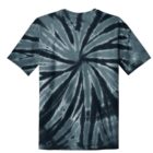 Tie-dye T-shirt with a dark spiral pattern on a muted background.