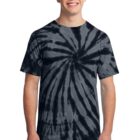 Person wearing a black tie-dye T-shirt, smiling.