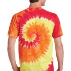 Person wearing a red, yellow, and orange tie-dye T-shirt, facing away.
