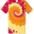 Tie-dye T-shirt with a red, orange, and yellow spiral pattern on a white background.