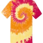 Tie-dye t-shirt with red, orange, and yellow spiral pattern.