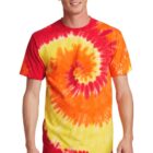 Person wearing a red, orange, and yellow tie-dye shirt with spiral design.