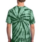 Man wearing a green and dark green tie-dye T-shirt, standing with his back to the camera.