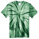 Green tie-dye T-shirt with a spiral pattern.