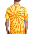 Person wearing an orange tie-dye shirt, viewed from the back.
